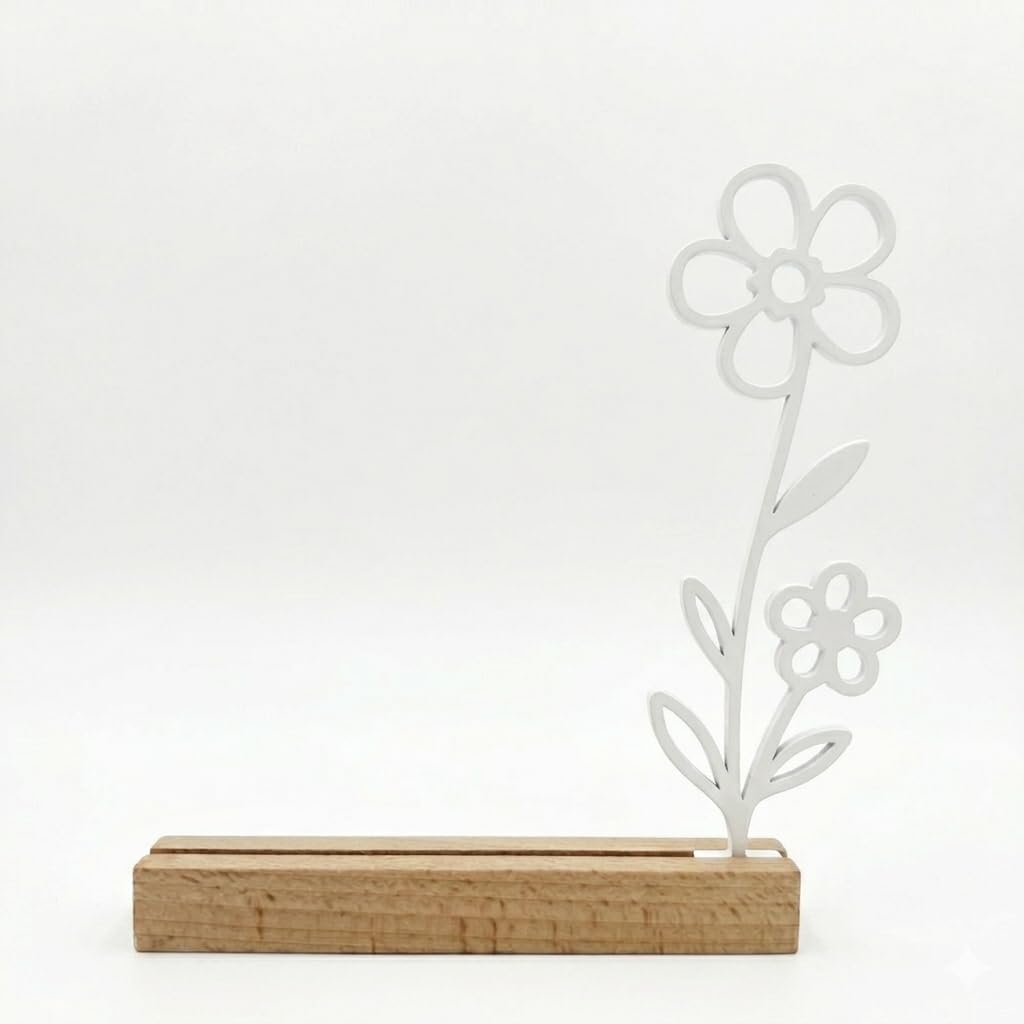 Kartenhalter Postkarten mit Holzfuß – Minimalistischer Kartenständer mit Blumen Design, Fotohalter aus 3D Druck & Buche, Scandi Deko für Bilder, Fotos & Karten (17x18 cm) (schwarz)