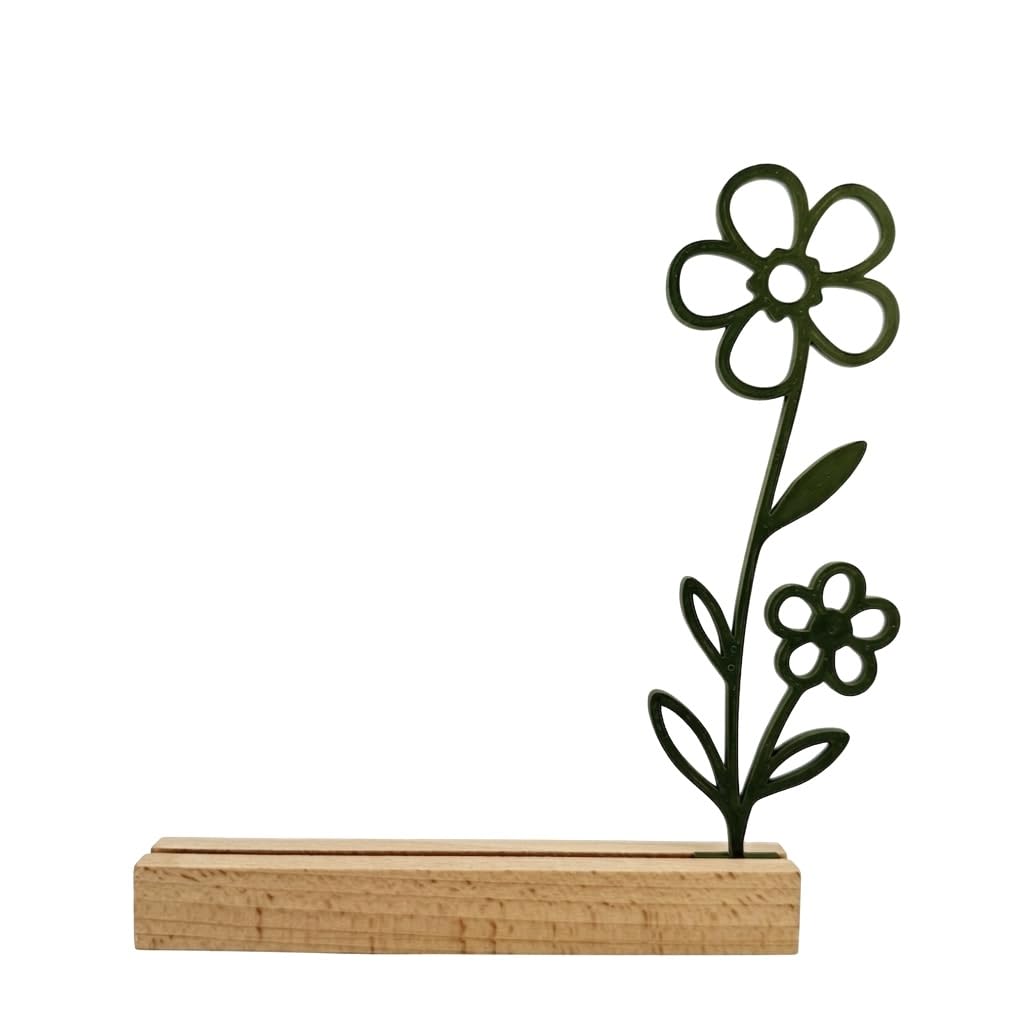 Kartenhalter Postkarten mit Holzfuß – Minimalistischer Kartenständer mit Blumen Design, Fotohalter aus 3D Druck & Buche, Scandi Deko für Bilder, Fotos & Karten (17x18 cm) (schwarz)
