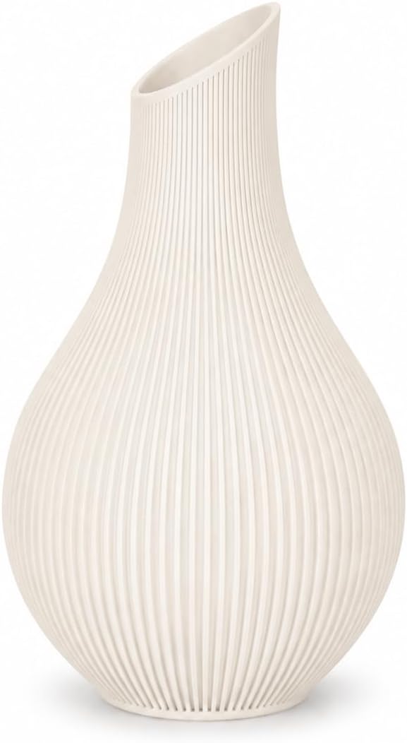Japandi Vase 18 oder 24 cm – Moderne Designvase im Scandi Stil – Gerillte Dekovase aus PLA Matte – Minimalistische Blumenvase für Trockenblumen, Wohnzimmer & Flur (Hellbeige, 18 cm)
