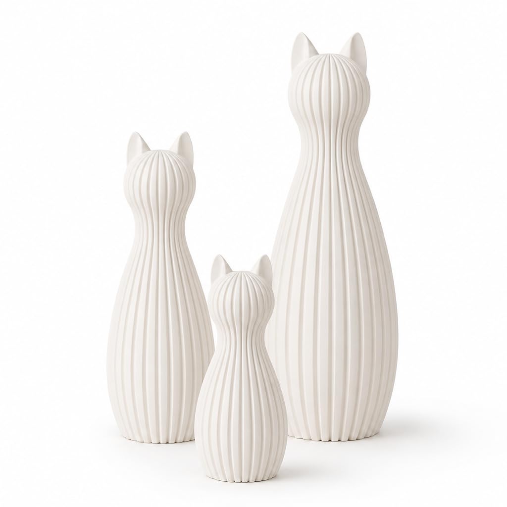 Minimalistische Katzenfigur Skandinavisch – 3D Druck Deko Katze | Modernes Japandi Design | Matte Oberfläche | Wohnzimmer Deko, Geschenkidee, Home Decor Figur (Latte, Set aus 3)