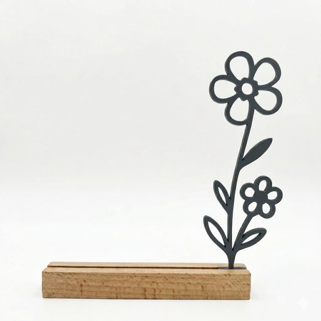 Kartenhalter Postkarten mit Holzfuß – Minimalistischer Kartenständer mit Blumen Design, Fotohalter aus 3D Druck & Buche, Scandi Deko für Bilder, Fotos & Karten (17x18 cm) (schwarz)