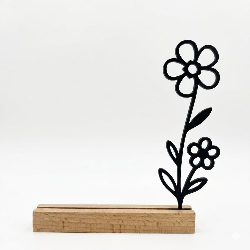 Kartenhalter Postkarten mit Holzfuß – Minimalistischer Kartenständer mit Blumen Design, Fotohalter aus 3D Druck & Buche, Scandi Deko für Bilder, Fotos & Karten (17x18 cm) (schwarz)