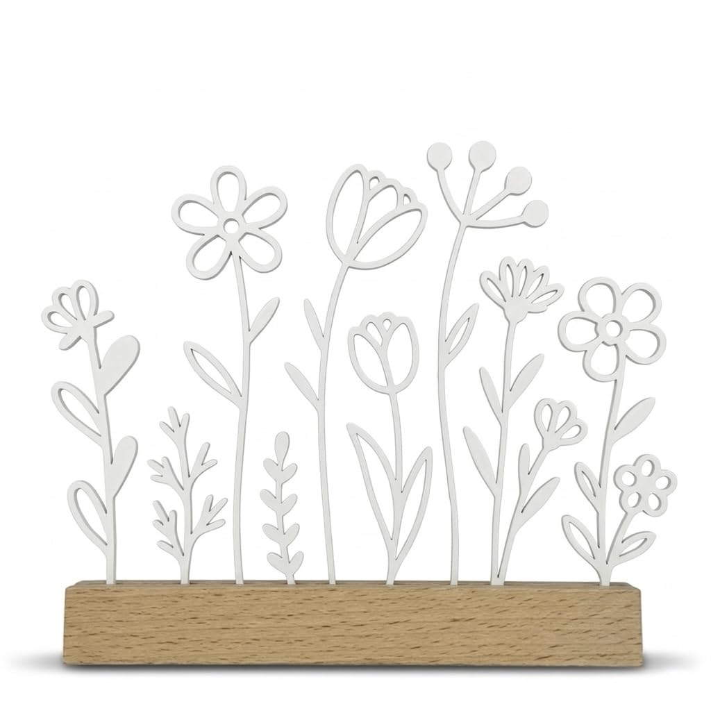 Minimalistische Line Art Blumenwiese mit Holzfuß | 3D-Druck Deko im Scandi Design | 15x17 cm | Modernes Frühlings- & Sommer-Deko-Objekt | in 4 Farben (Matt Schwarz)