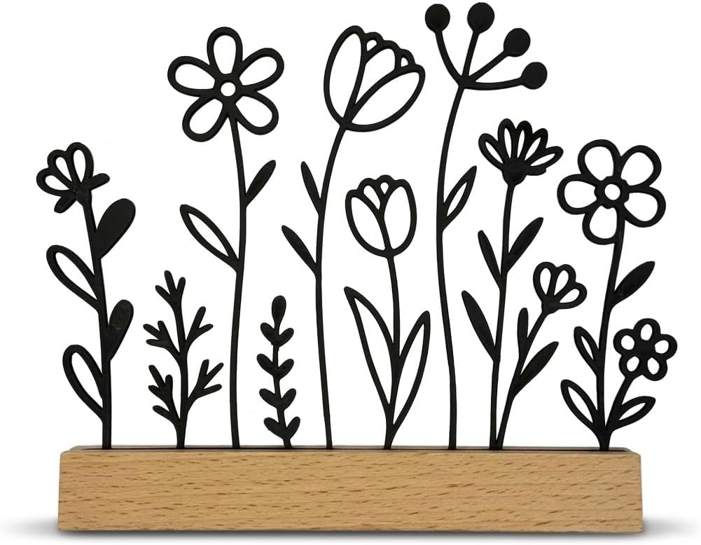 Minimalistische Line Art Blumenwiese mit Holzfuß | 3D-Druck Deko im Scandi Design | 15x17 cm | Modernes Frühlings- & Sommer-Deko-Objekt | in 4 Farben (Matt Schwarz)