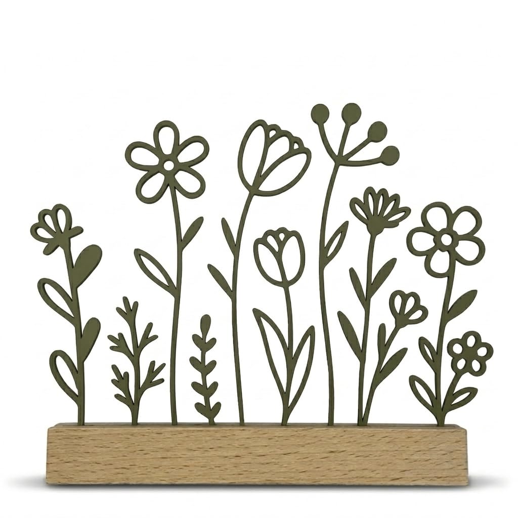 Minimalistische Line Art Blumenwiese mit Holzfuß | 3D-Druck Deko im Scandi Design | 15x17 cm | Modernes Frühlings- & Sommer-Deko-Objekt | in 4 Farben (Matt Schwarz)