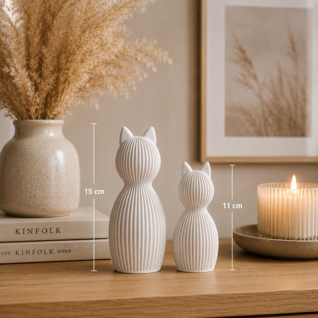 Minimalistische Katzenfigur Skandinavisch – 3D Druck Deko Katze | Modernes Japandi Design | Matte Oberfläche | Wohnzimmer Deko, Geschenkidee, Home Decor Figur (beige, Set aus 2)