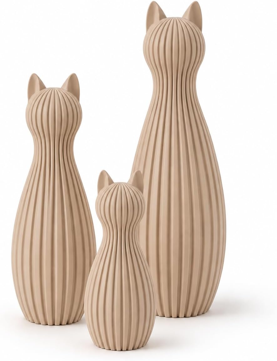 Minimalistische Katzenfigur Skandinavisch – 3D Druck Deko Katze | Modernes Japandi Design | Matte Oberfläche | Wohnzimmer Deko, Geschenkidee, Home Decor Figur (Latte, Set aus 3)