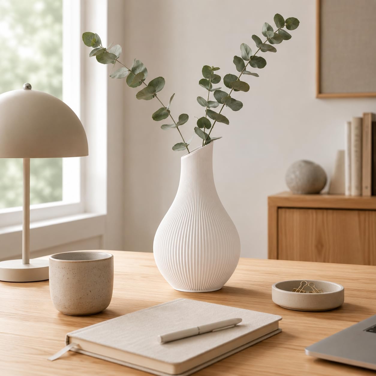 Japandi Vase 18 oder 24 cm – Moderne Designvase im Scandi Stil – Gerillte Dekovase aus PLA Matte – Minimalistische Blumenvase für Trockenblumen, Wohnzimmer & Flur (Hellbeige, 18 cm)
