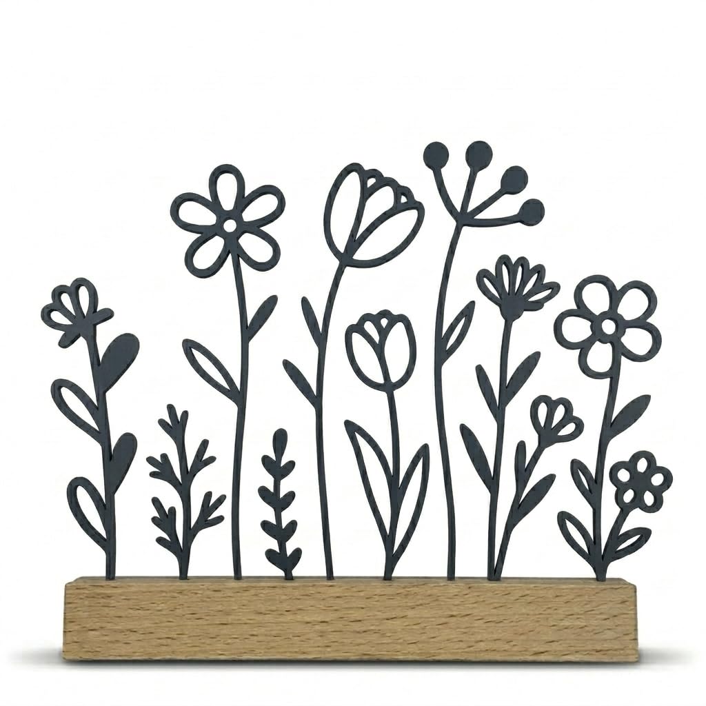 Minimalistische Line Art Blumenwiese mit Holzfuß | 3D-Druck Deko im Scandi Design | 15x17 cm | Modernes Frühlings- & Sommer-Deko-Objekt | in 4 Farben (Matt Schwarz)