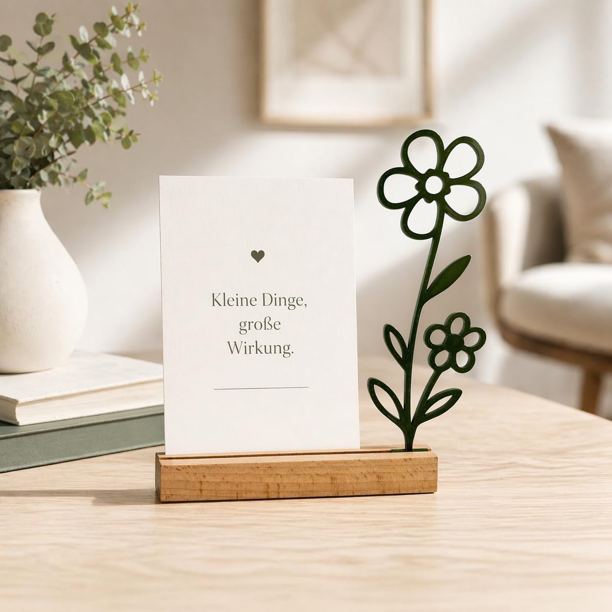 Kartenhalter Postkarten mit Holzfuß – Minimalistischer Kartenständer mit Blumen Design, Fotohalter aus 3D Druck & Buche, Scandi Deko für Bilder, Fotos & Karten (17x18 cm) (schwarz)