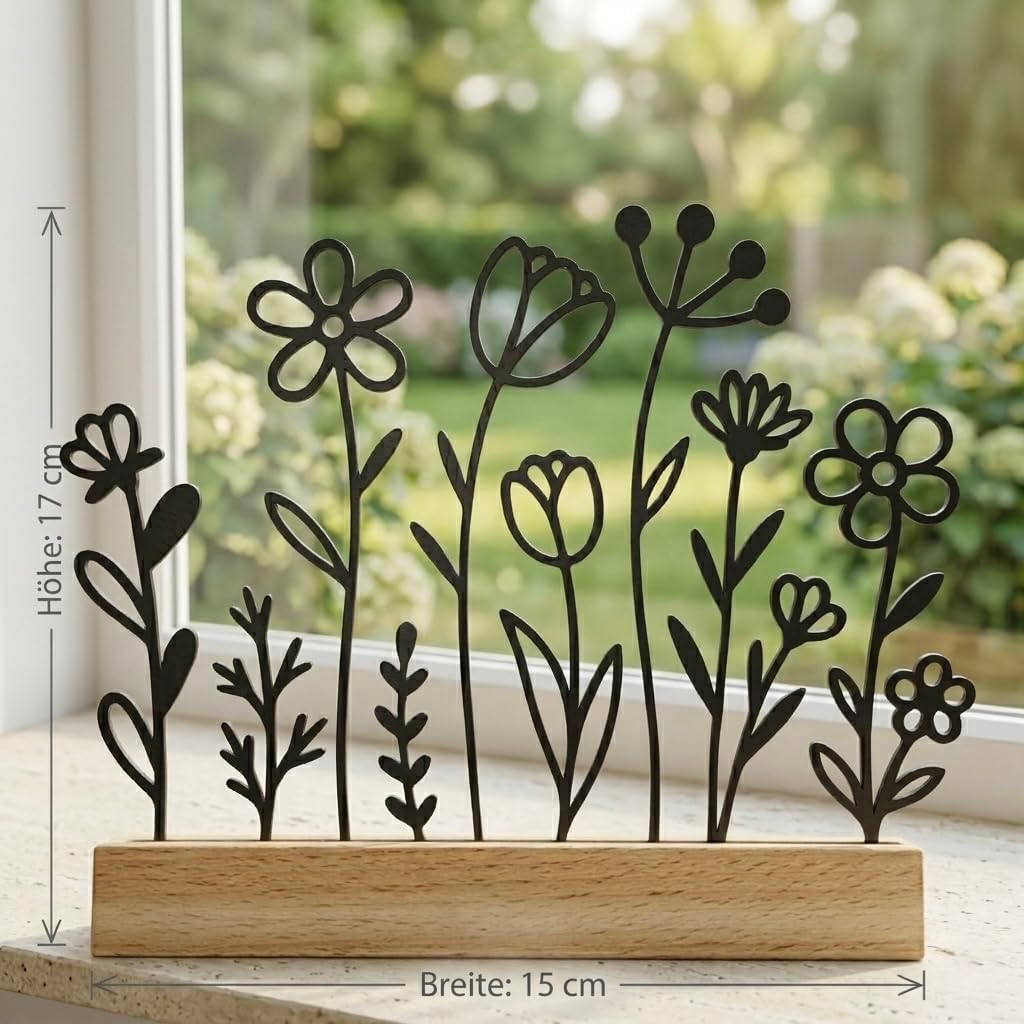 Minimalistische Line Art Blumenwiese mit Holzfuß | 3D-Druck Deko im Scandi Design | 15x17 cm | Modernes Frühlings- & Sommer-Deko-Objekt | in 4 Farben (Matt Schwarz)