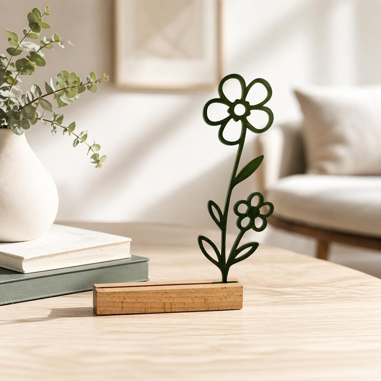 Kartenhalter Postkarten mit Holzfuß – Minimalistischer Kartenständer mit Blumen Design, Fotohalter aus 3D Druck & Buche, Scandi Deko für Bilder, Fotos & Karten (17x18 cm) (schwarz)