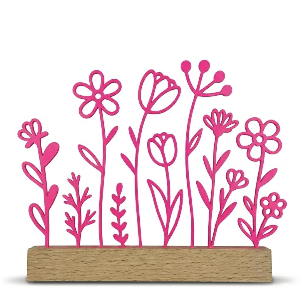 Minimalistische Line Art Blumenwiese mit Holzfuß | 3D-Druck Deko im Scandi Design | 15x17 cm | Modernes Frühlings- & Sommer-Deko-Objekt | in 4 Farben (Matt Schwarz)