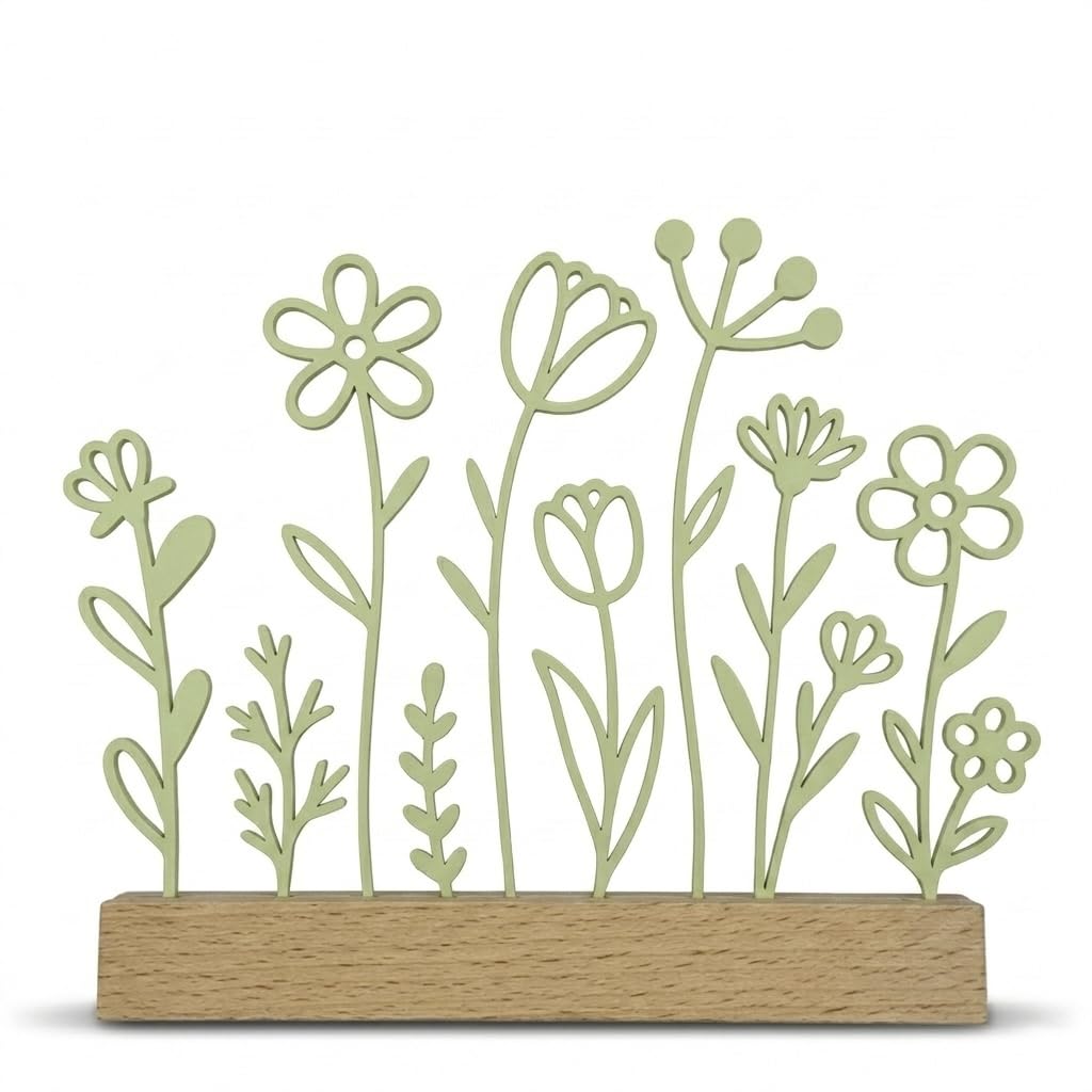 Minimalistische Line Art Blumenwiese mit Holzfuß | 3D-Druck Deko im Scandi Design | 15x17 cm | Modernes Frühlings- & Sommer-Deko-Objekt | in 4 Farben (Matt Schwarz)