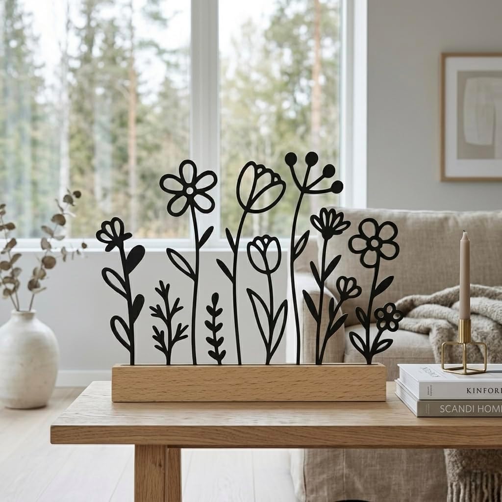 Minimalistische Line Art Blumenwiese mit Holzfuß | 3D-Druck Deko im Scandi Design | 15x17 cm | Modernes Frühlings- & Sommer-Deko-Objekt | in 4 Farben (Matt Schwarz)