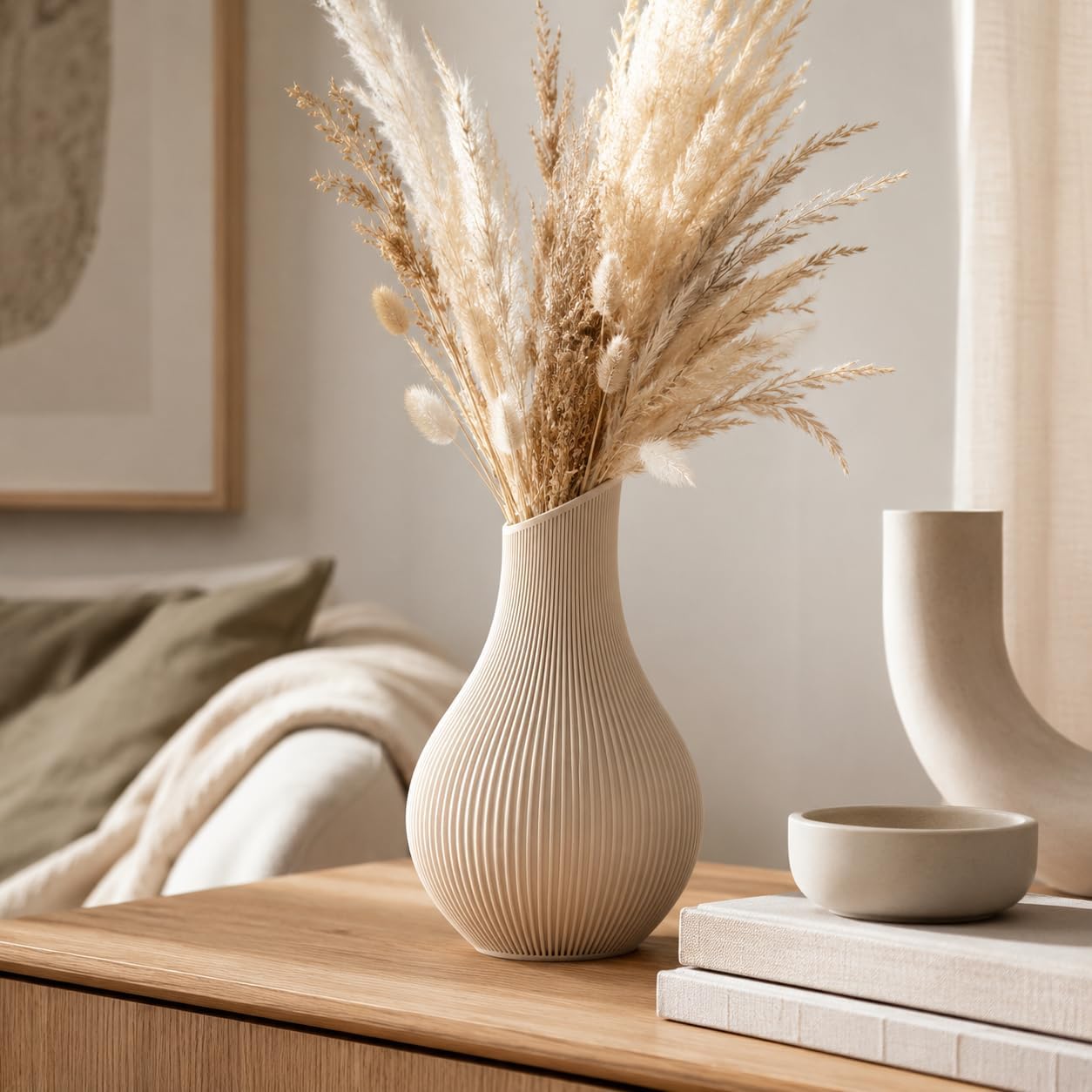 Japandi Vase 18 oder 24 cm – Moderne Designvase im Scandi Stil – Gerillte Dekovase aus PLA Matte – Minimalistische Blumenvase für Trockenblumen, Wohnzimmer & Flur (Hellbeige, 18 cm)