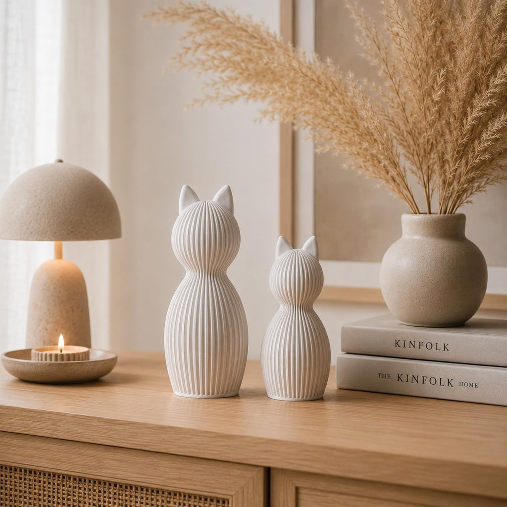 Minimalistische Katzenfigur Skandinavisch – 3D Druck Deko Katze | Modernes Japandi Design | Matte Oberfläche | Wohnzimmer Deko, Geschenkidee, Home Decor Figur (beige, Set aus 2)